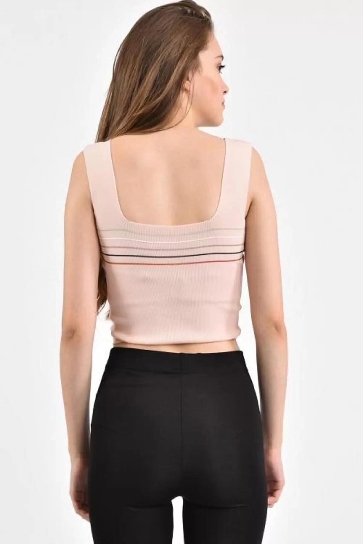 Askılı İnce Çizgi Desenli Pudra Triko Kadın Bluz