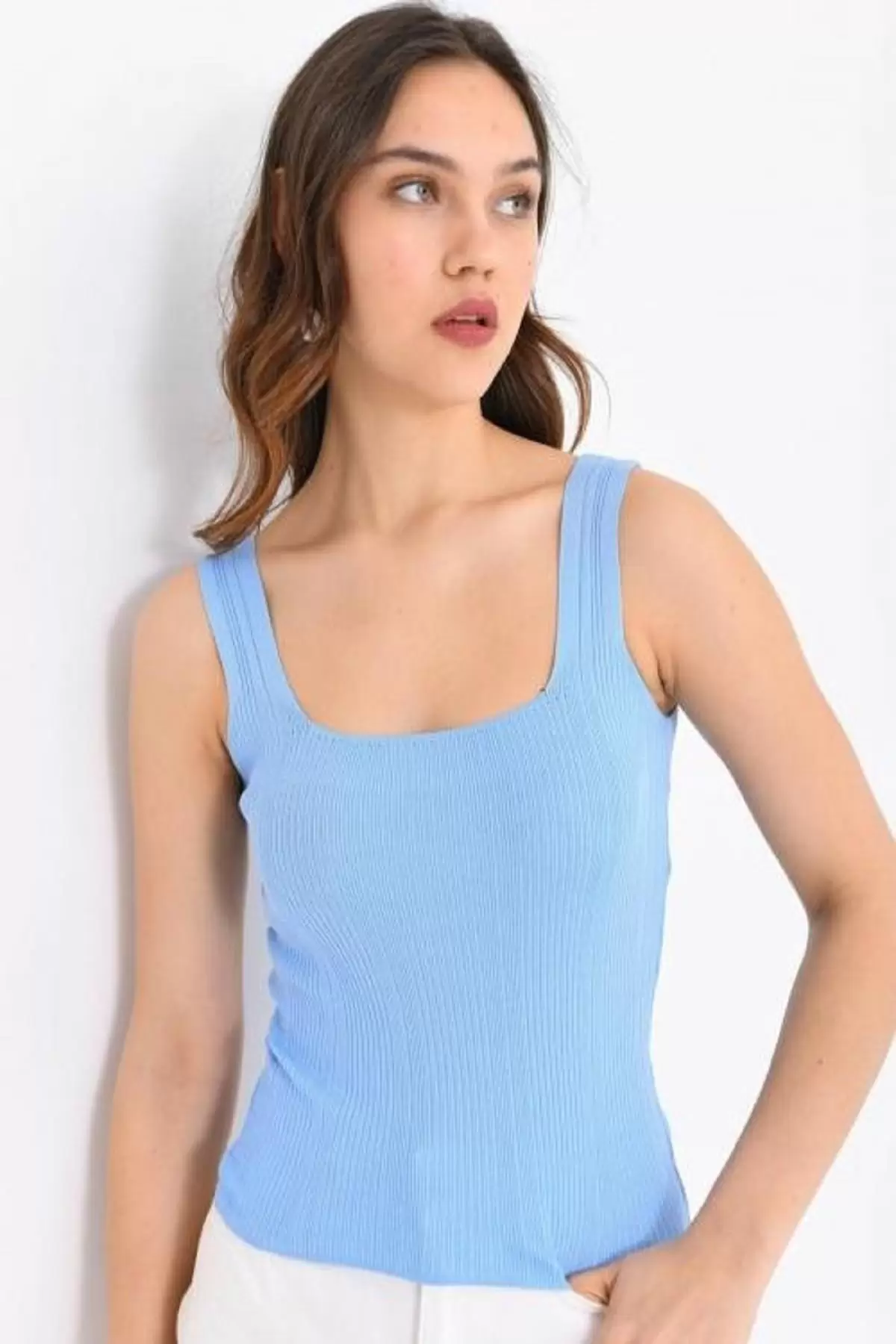 Askılı Kare Yaka Crop Triko Bebe Mavi Kadın Bluz