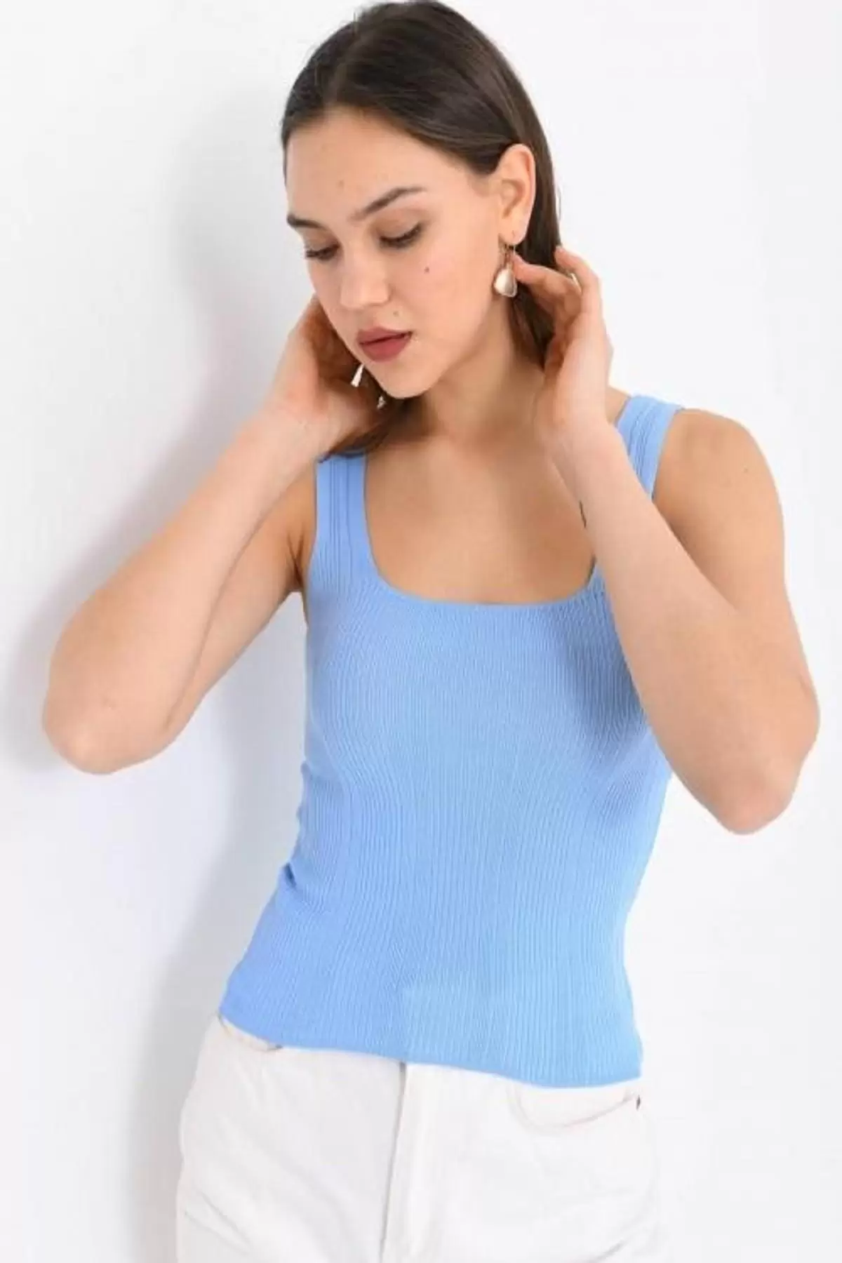 Askılı Kare Yaka Crop Triko Bebe Mavi Kadın Bluz