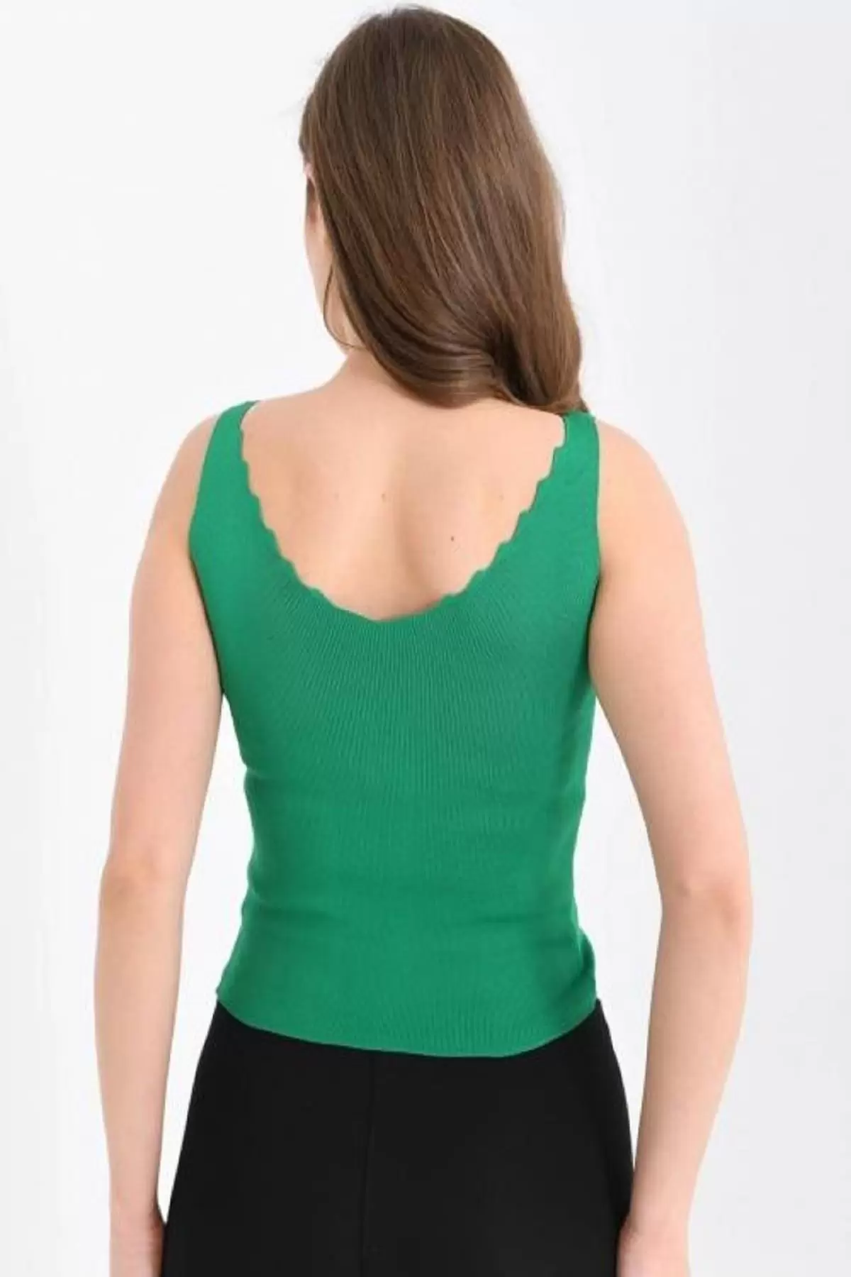 Askılı Merdiven Desenli Kadın Yeşil Crop Triko Bluz