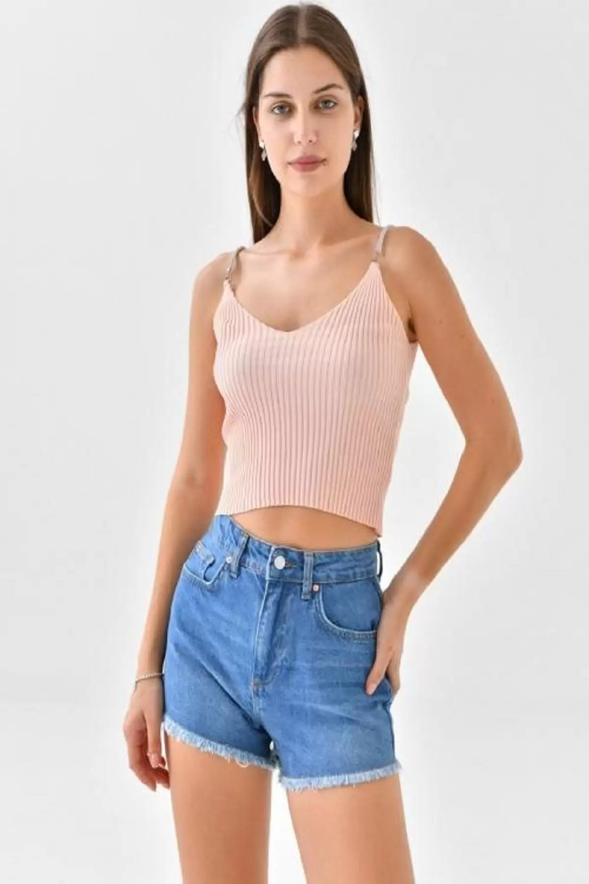 Askılı Sim Detaylı Pudra Mini Kadın Triko Crop Top