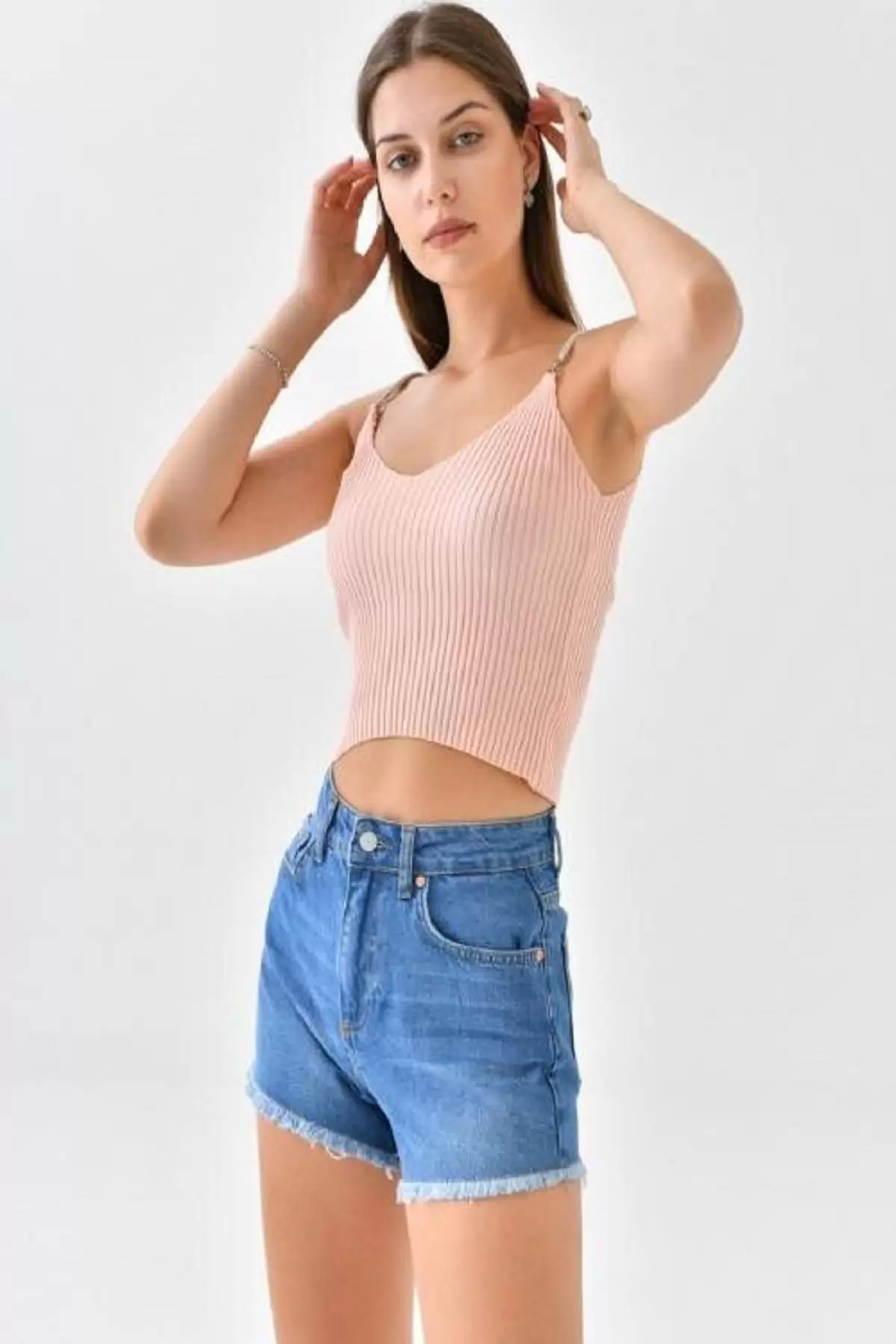 Askılı Sim Detaylı Pudra Mini Kadın Triko Crop Top