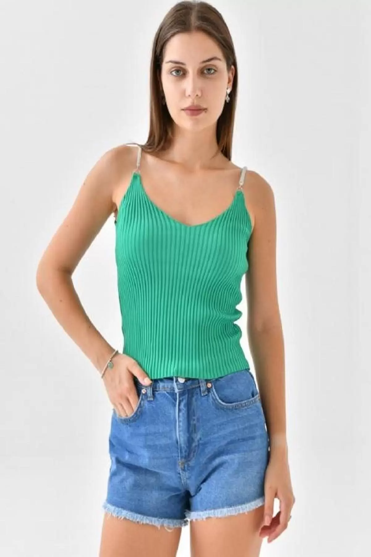 Askılı Sim Detaylı Yeşil Kadın Triko Crop Top