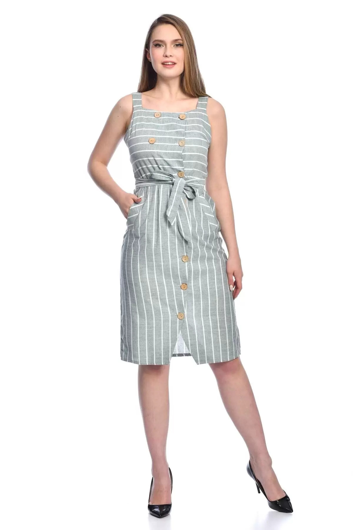 Askılı Sıra Düğmeli Cepli Kuşaklı ve çizgili Mint Kadın Elbise