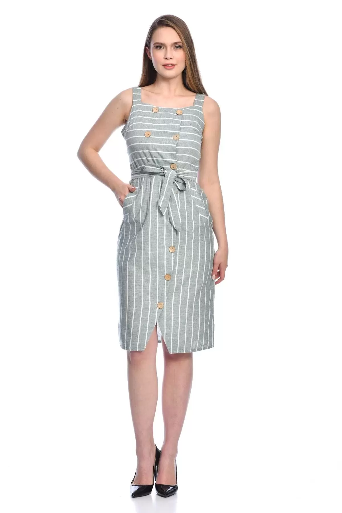 Askılı Sıra Düğmeli Cepli Kuşaklı ve çizgili Mint Kadın Elbise