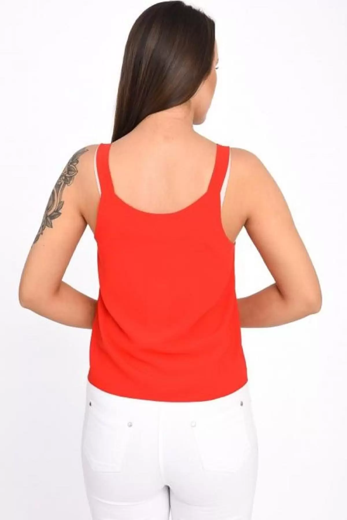 Askılı ve Düğmeli Sıfır Kol Kırmızı Kadın Bluz