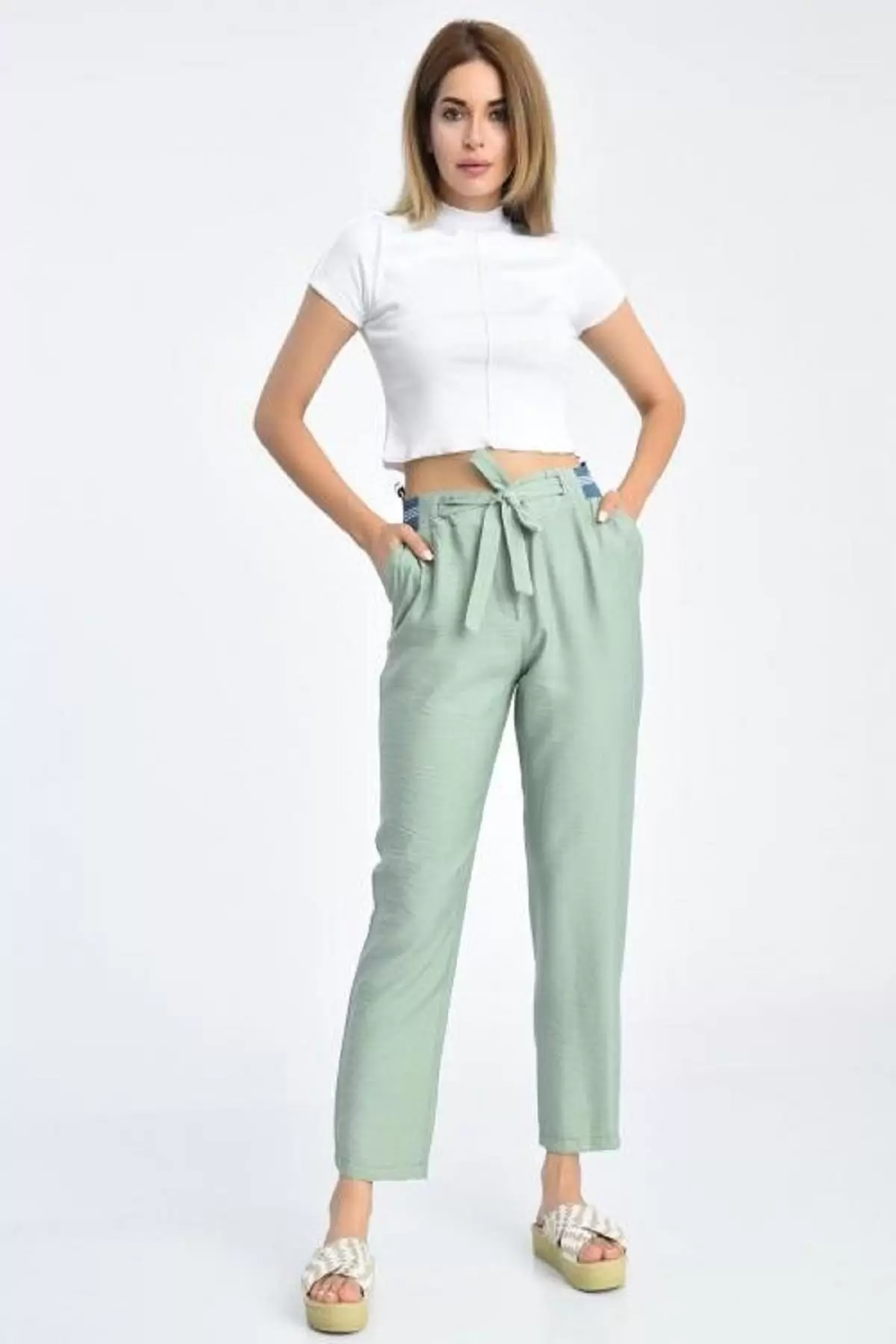Bağcıklı Belden Lastikli Mint Yeşil Kadın Pantolon