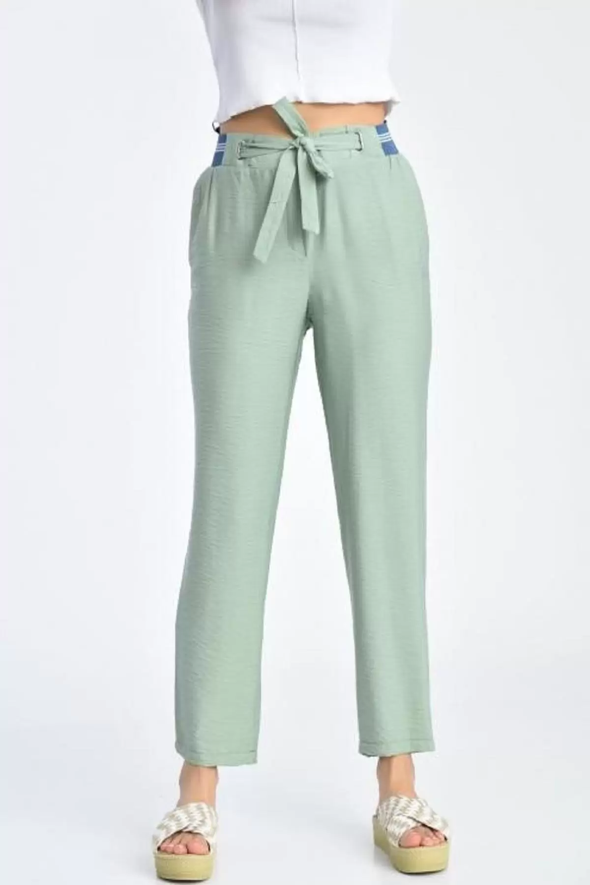 Bağcıklı Belden Lastikli Mint Yeşil Kadın Pantolon