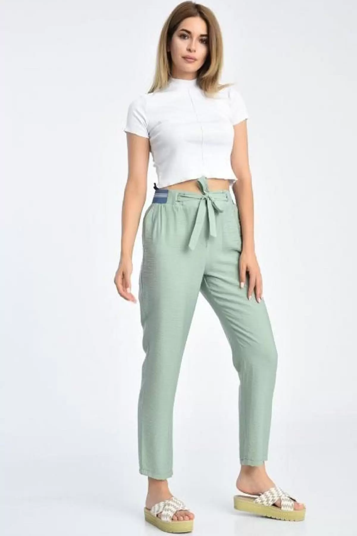 Bağcıklı Belden Lastikli Mint Yeşil Kadın Pantolon