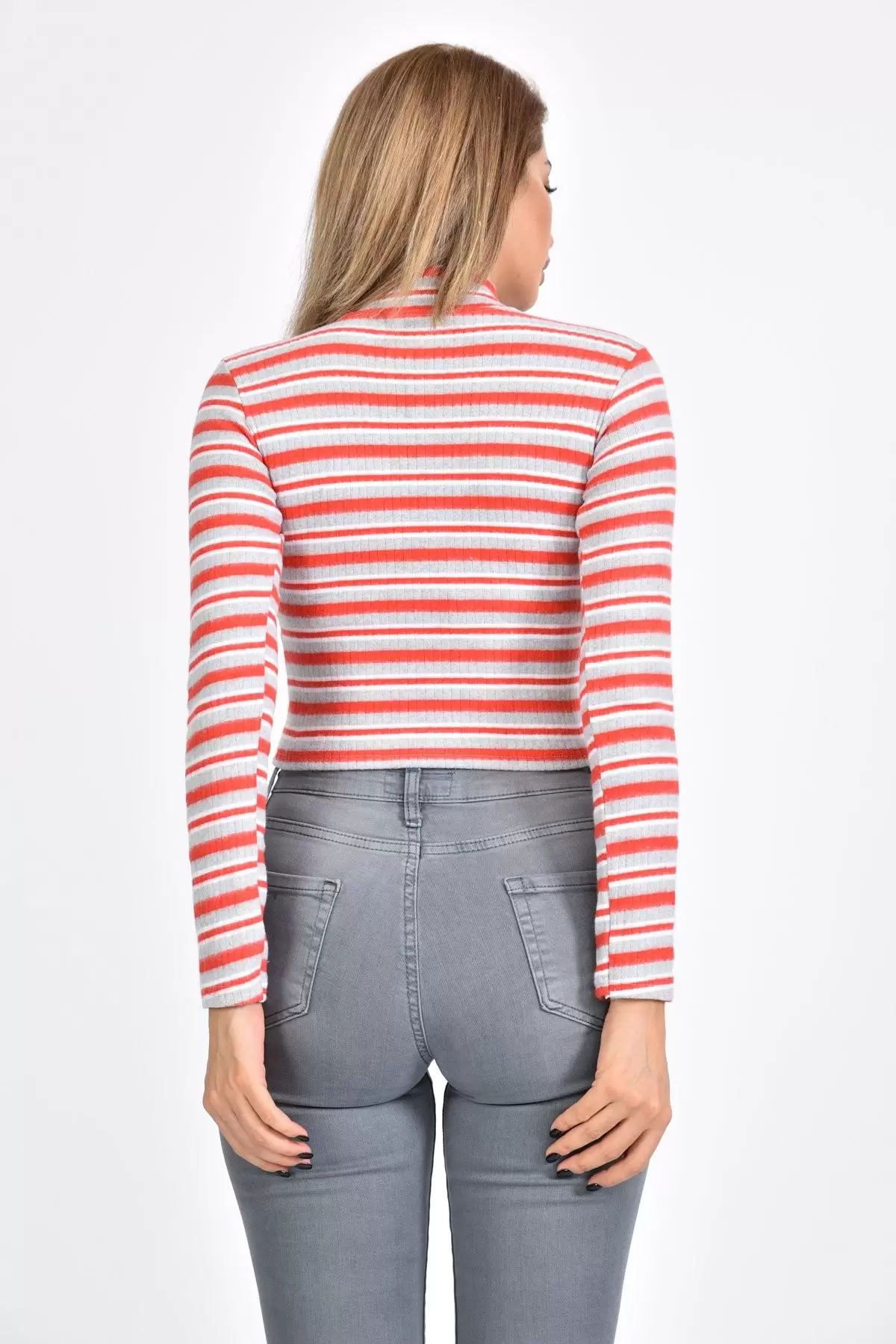 Balıkçı Yaka Çizgili Yünlü Kaşkorse Kırmızı Kadın Body