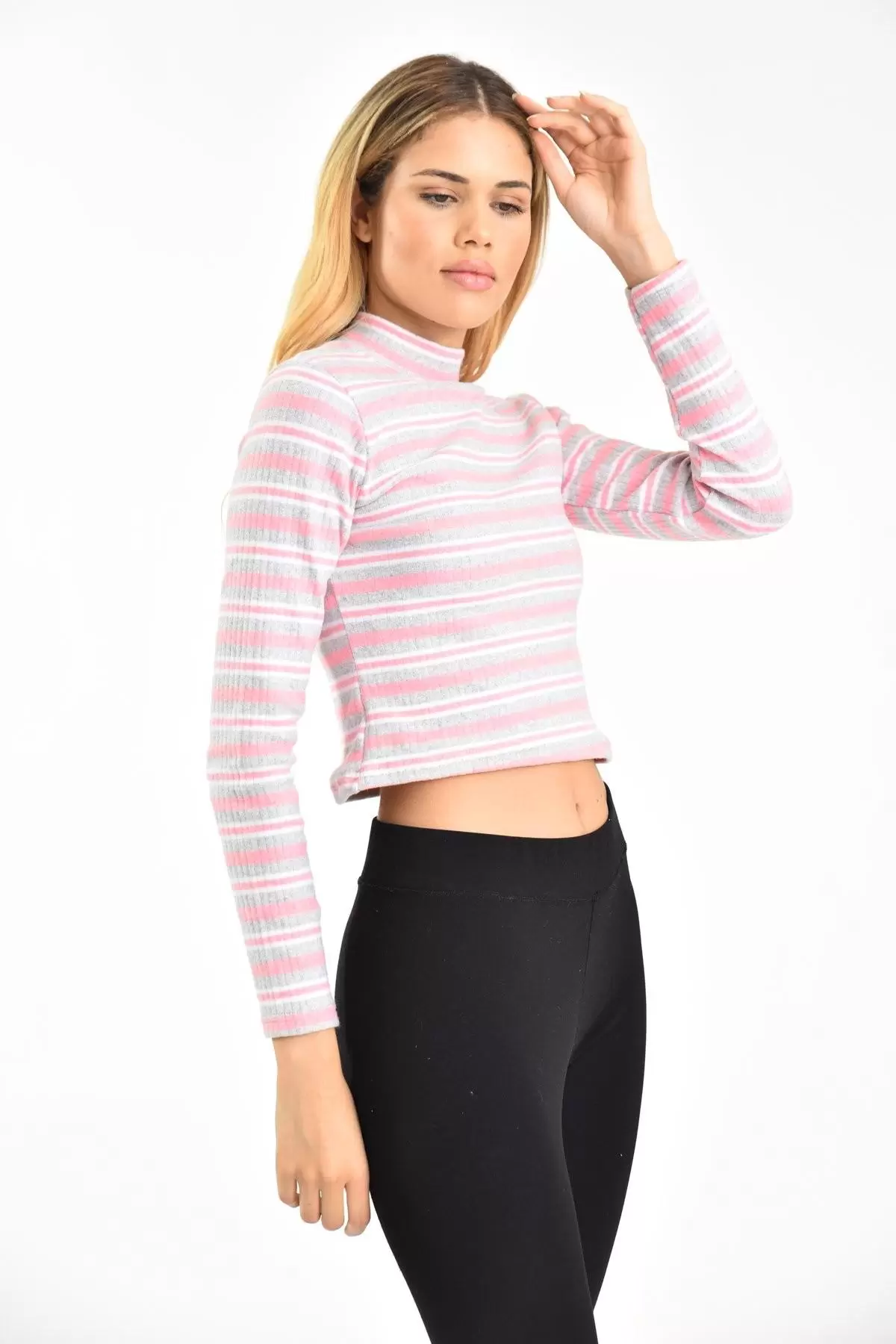 Balıkçı Yaka Çizgili Yünlü Kaşkorse Pudra Kadın Body