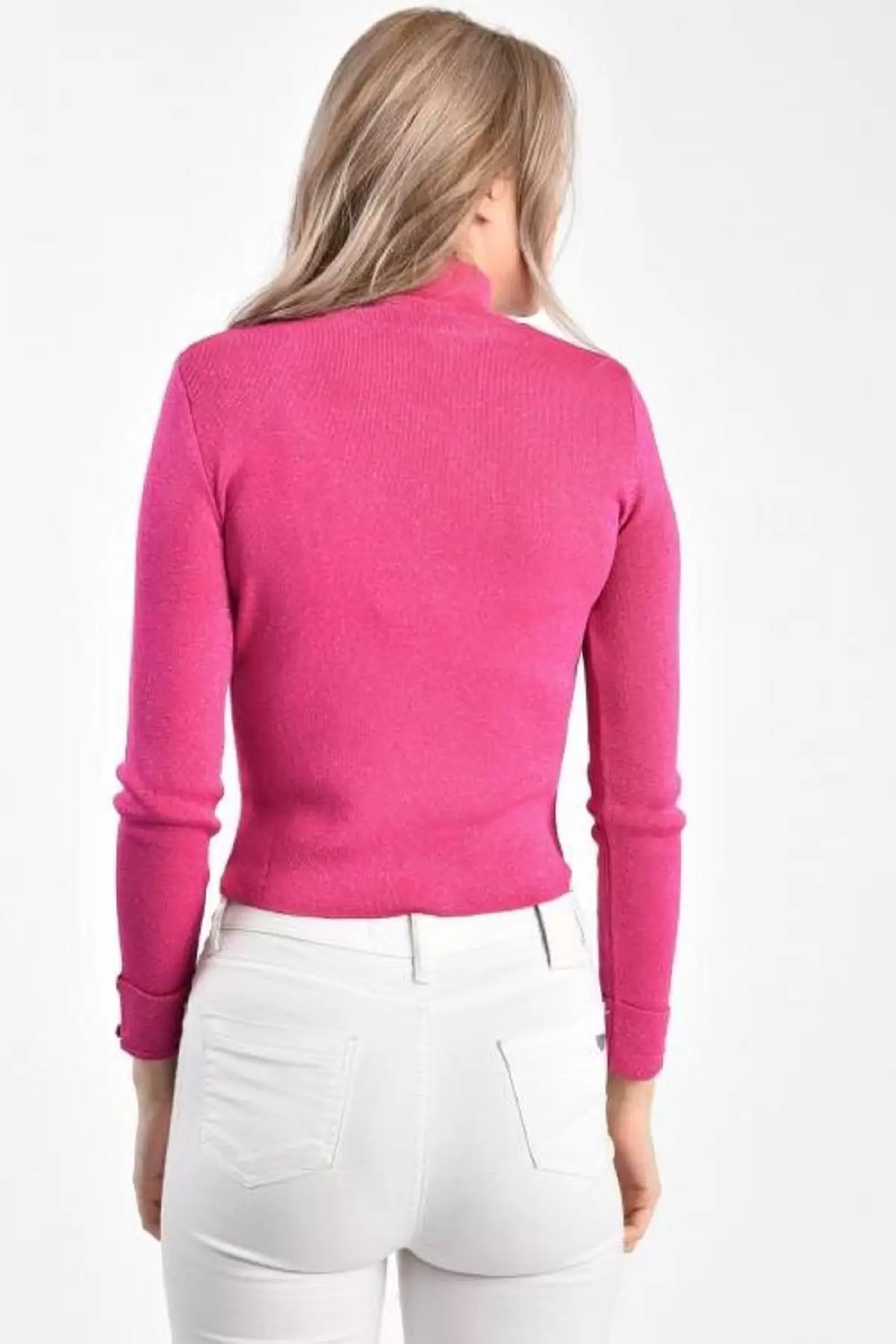 Balıkçı Yaka Düğme Detaylı Pembe Kadın Bluz