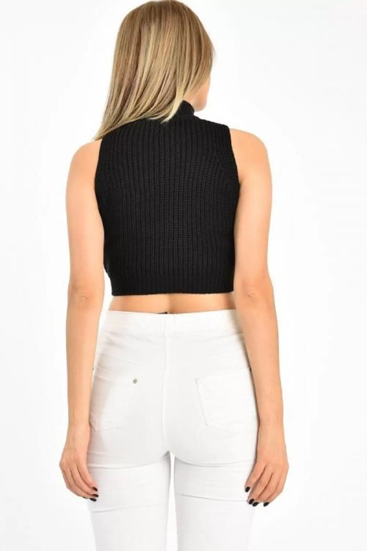 Balıkçı Yaka Kuş Gözü Desenli Siyah Kadın Triko Büstiyer