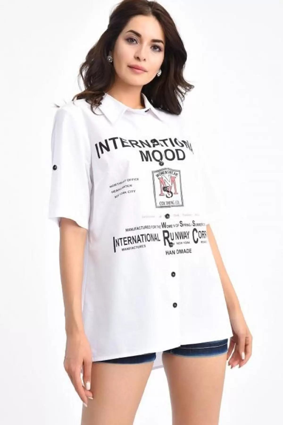 Baskılı Kısa Kollu Beyaz Kadın Gömlek