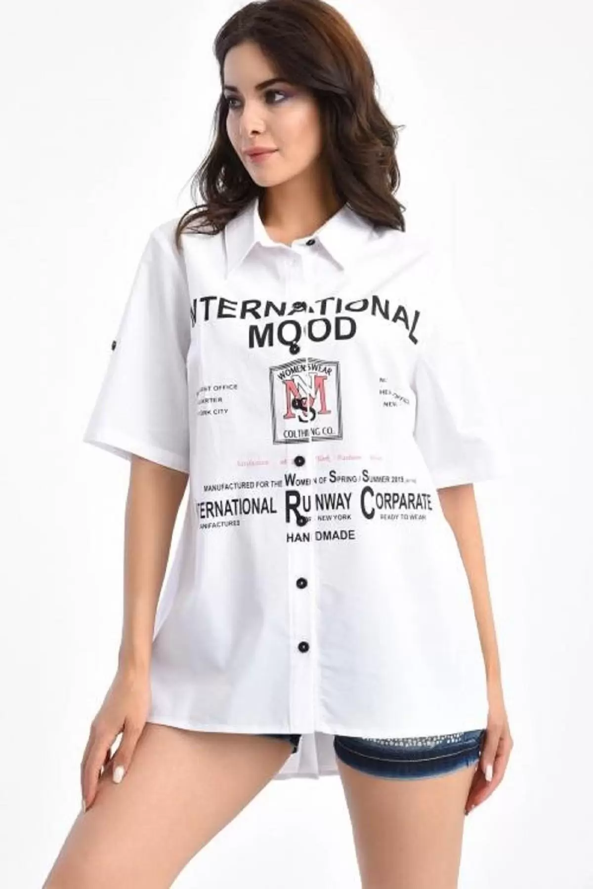 Baskılı Kısa Kollu Beyaz Kadın Gömlek