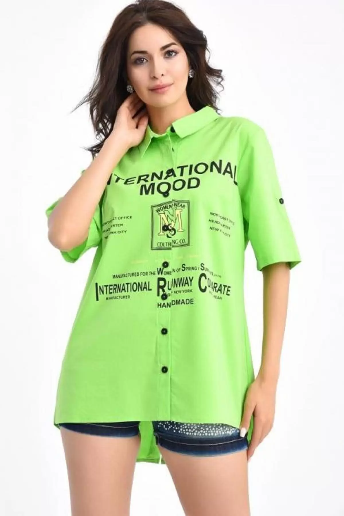 Baskılı Kısa Kollu Yeşil Kadın Gömlek