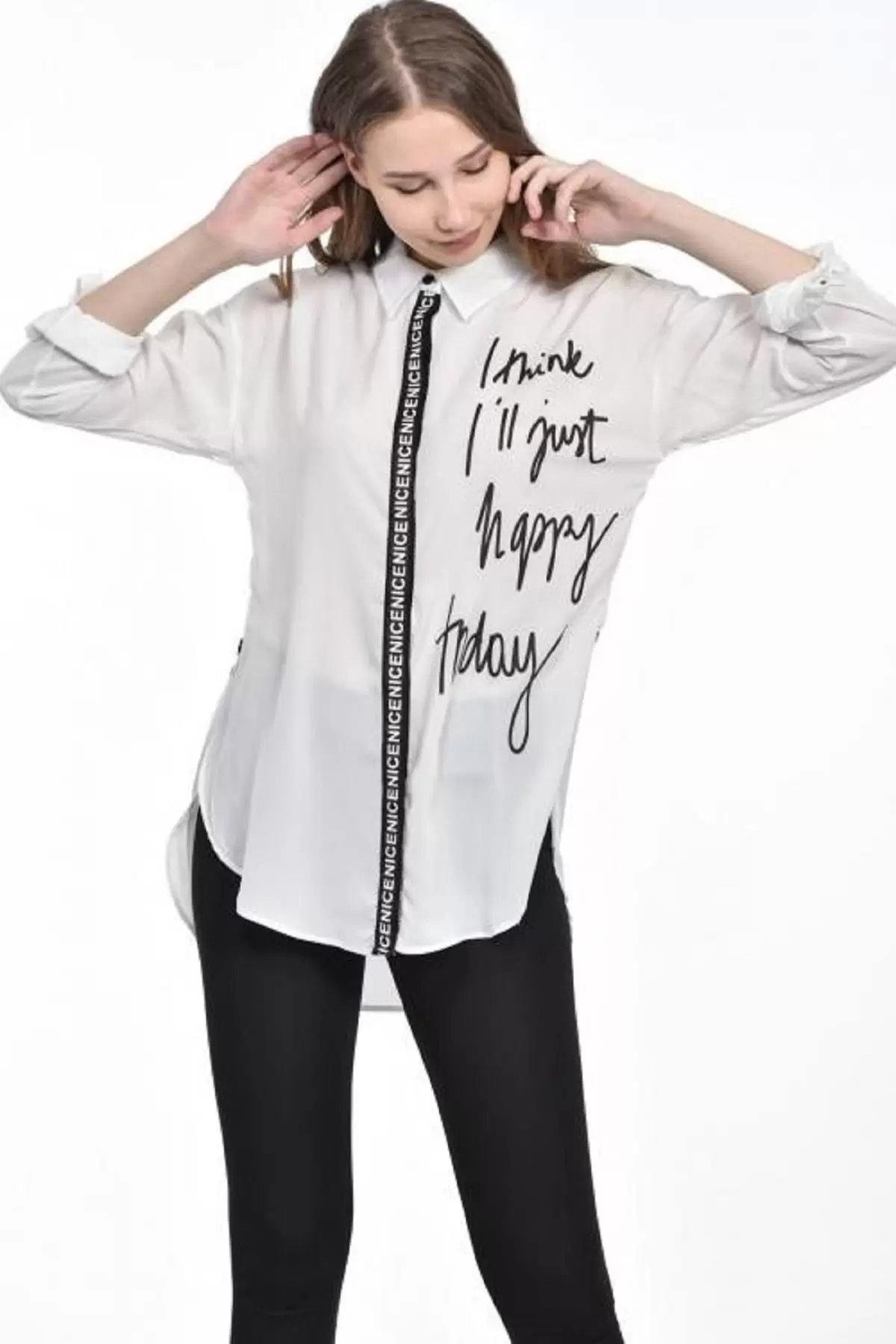 Baskılı ve Şerit Detaylı Beyaz Kadın Gömlek
