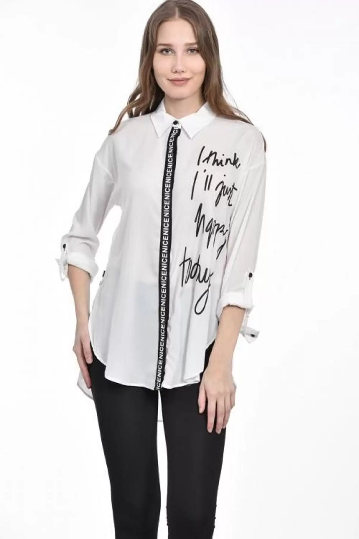 Baskılı ve Şerit Detaylı Beyaz Kadın Gömlek