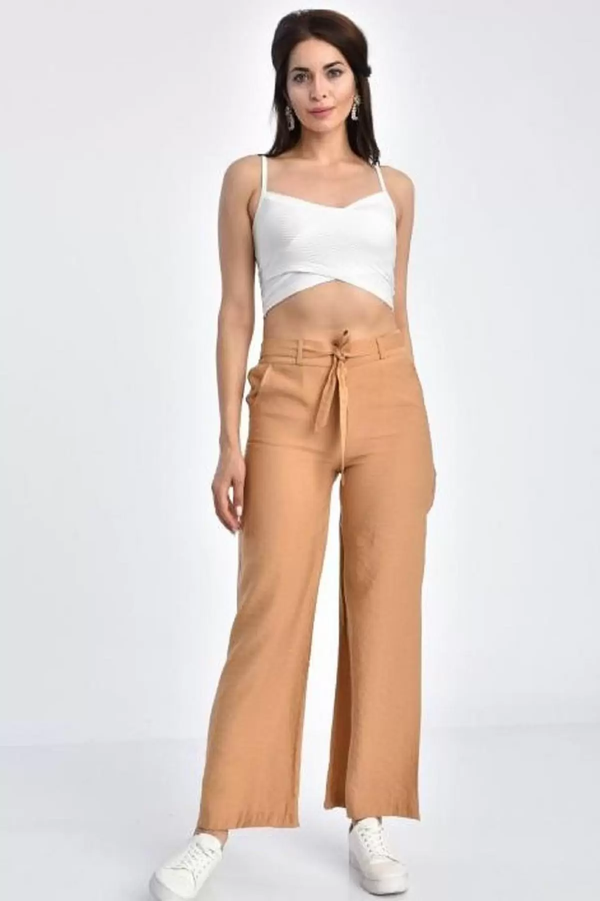 Belden Lastikli Kuşaklı Bol Paça Camel Keten Kadın Pantolon