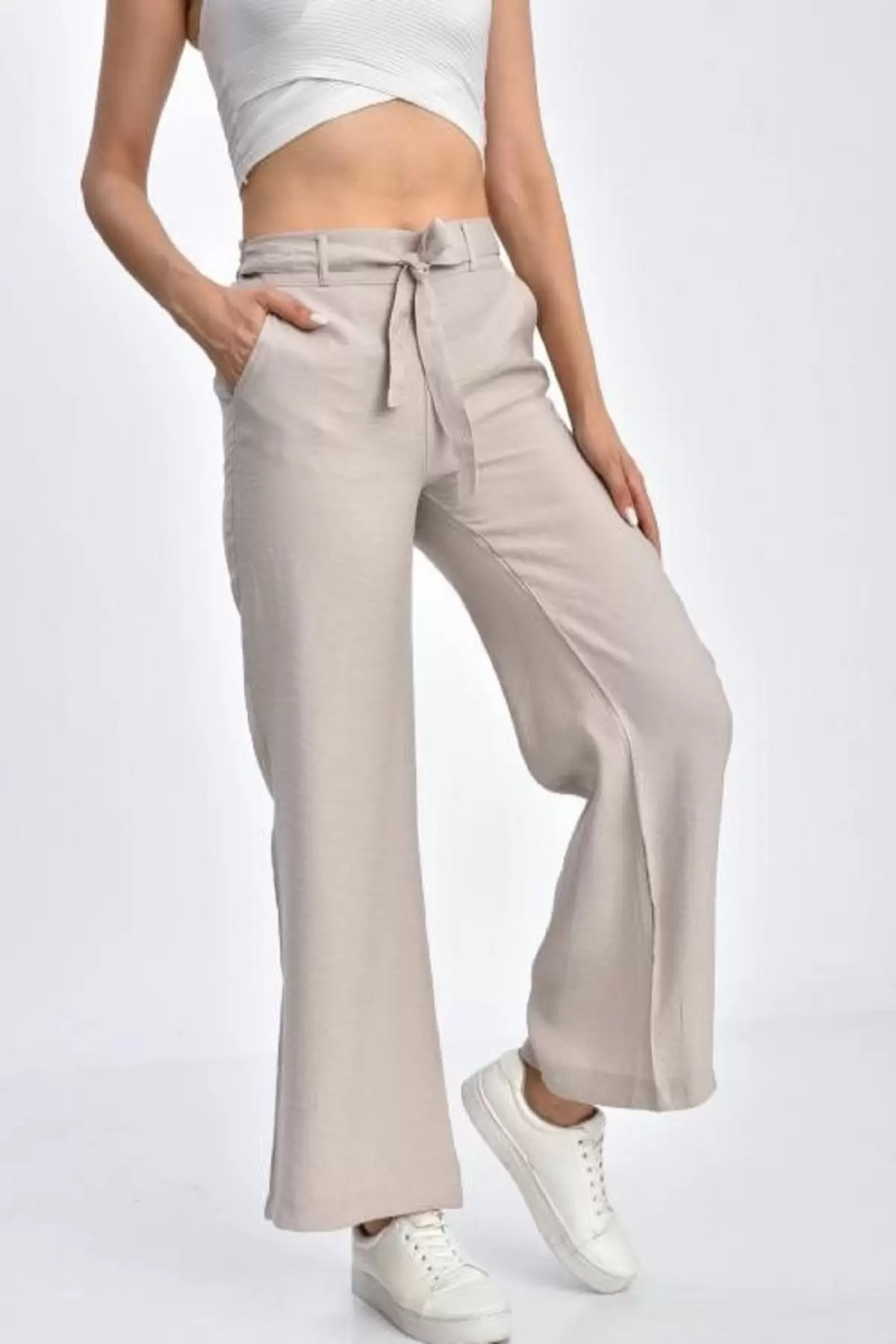 Belden Lastikli Kuşaklı Bol Paça Taş Keten Kadın Pantolon