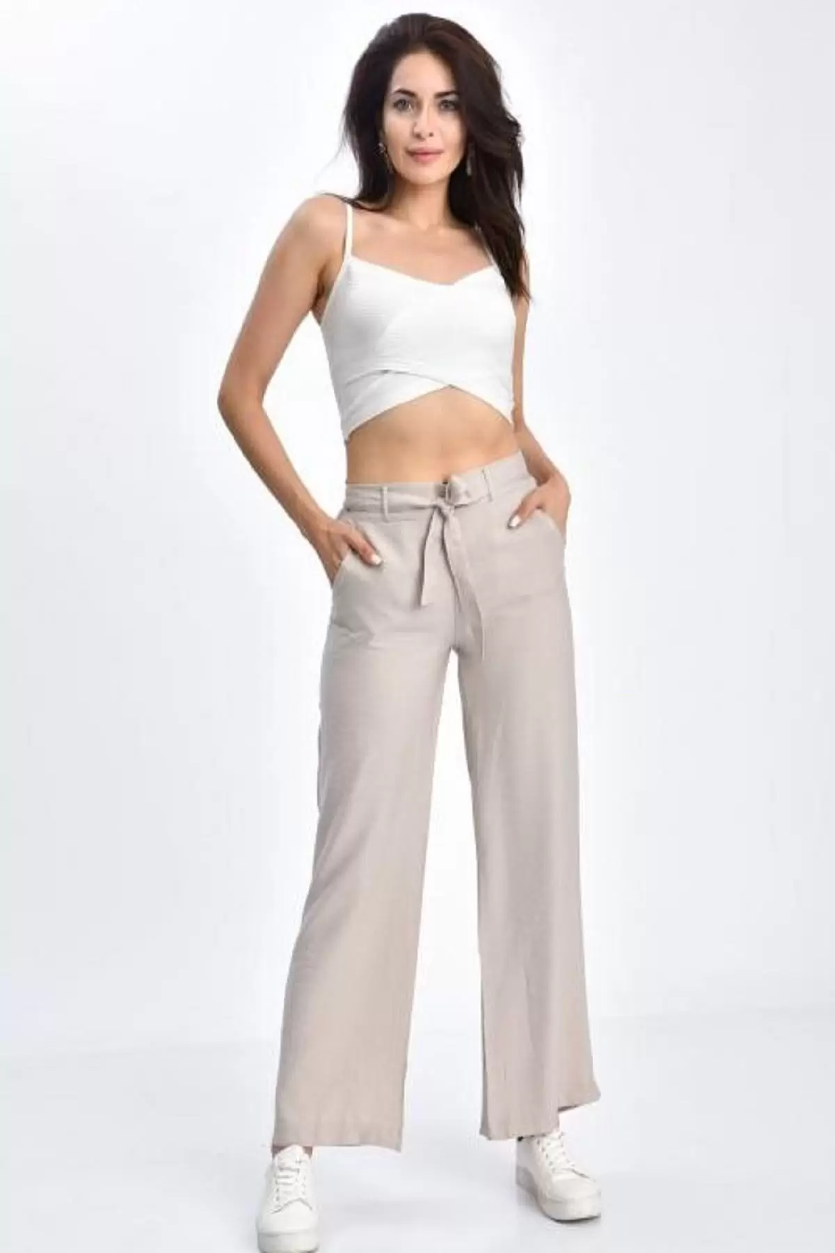 Belden Lastikli Kuşaklı Bol Paça Taş Keten Kadın Pantolon