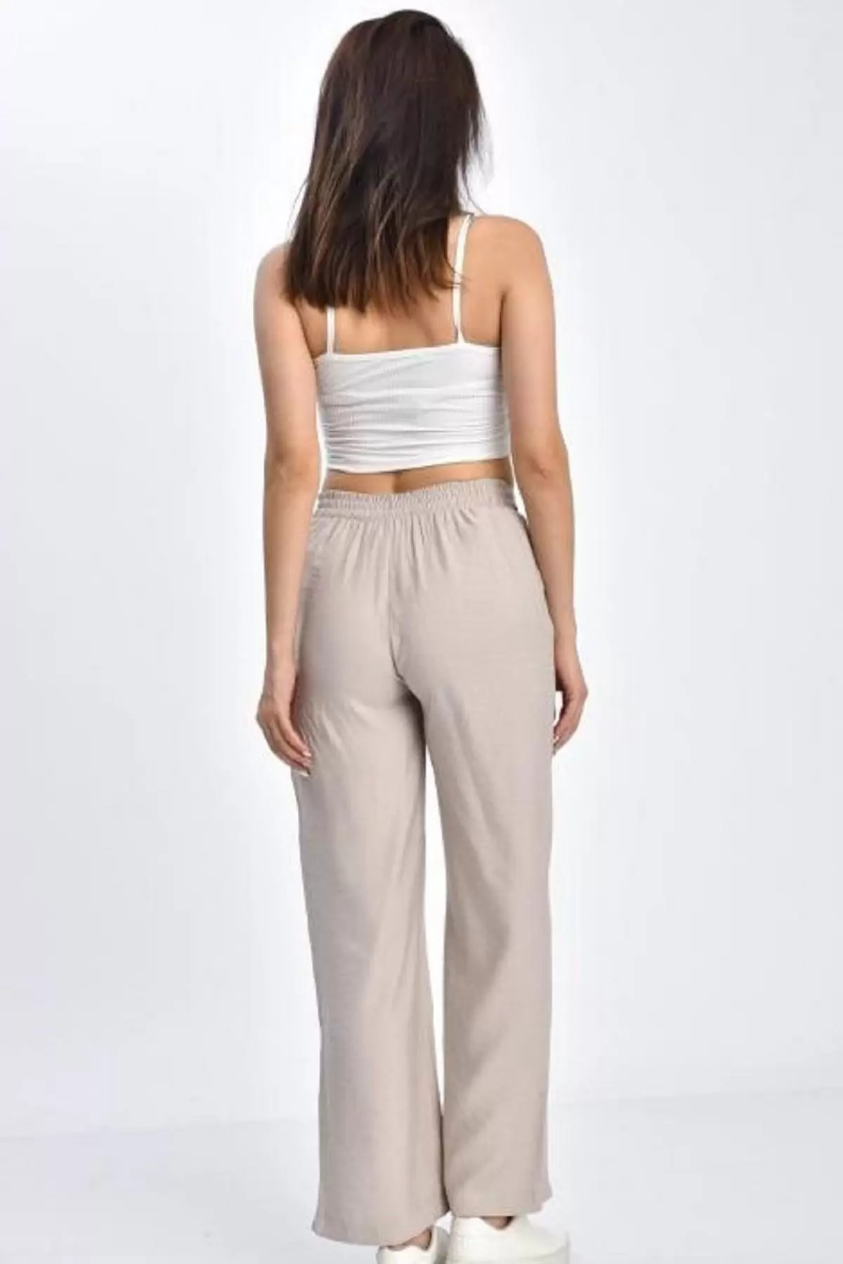 Belden Lastikli Kuşaklı Bol Paça Taş Keten Kadın Pantolon