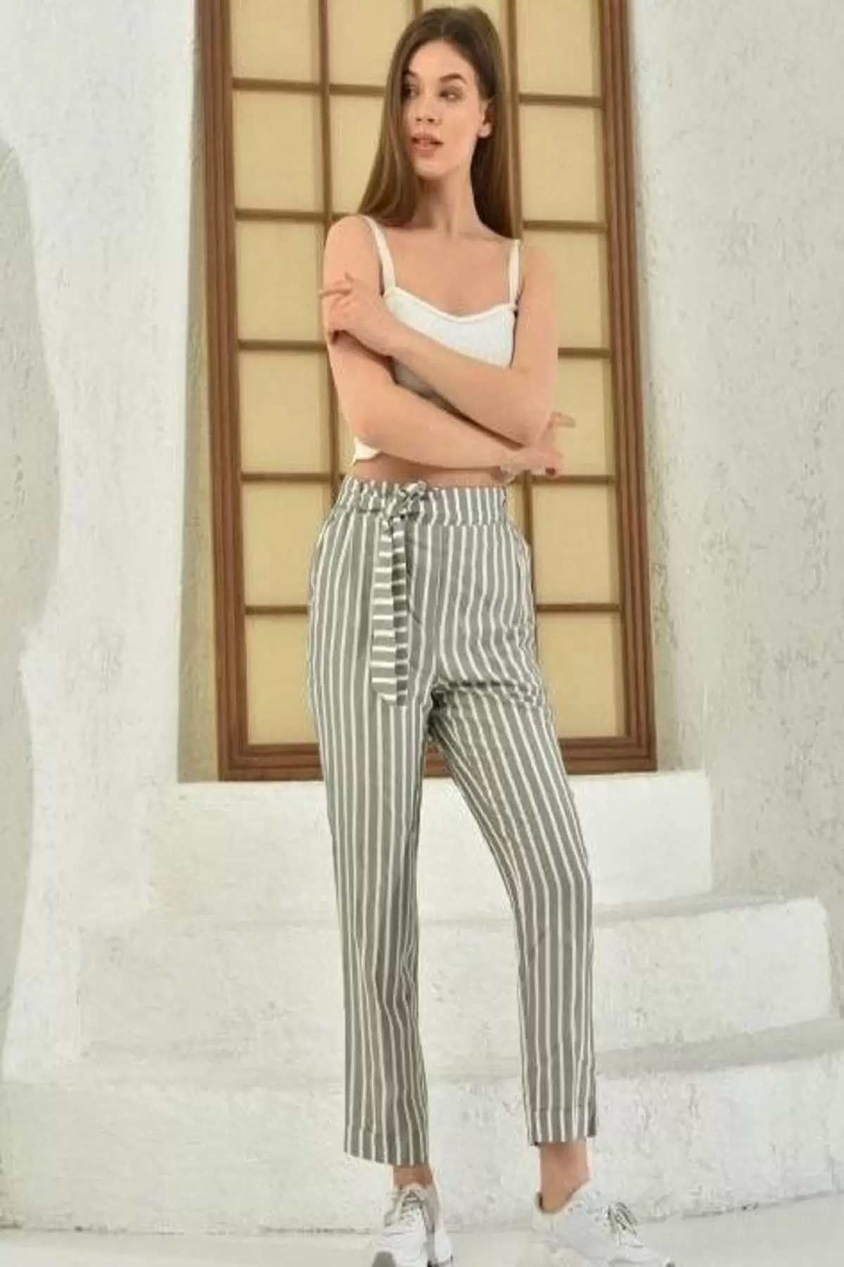 Belden Lastikli Kuşaklı Çizgili Gri Kadın Bilek Pantolon