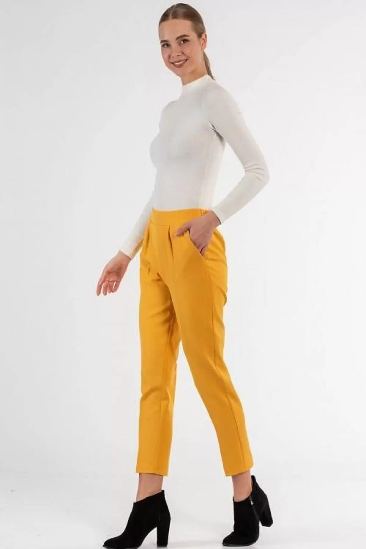 Belden Lastikli Sarı Bilek Kadın Pantolon