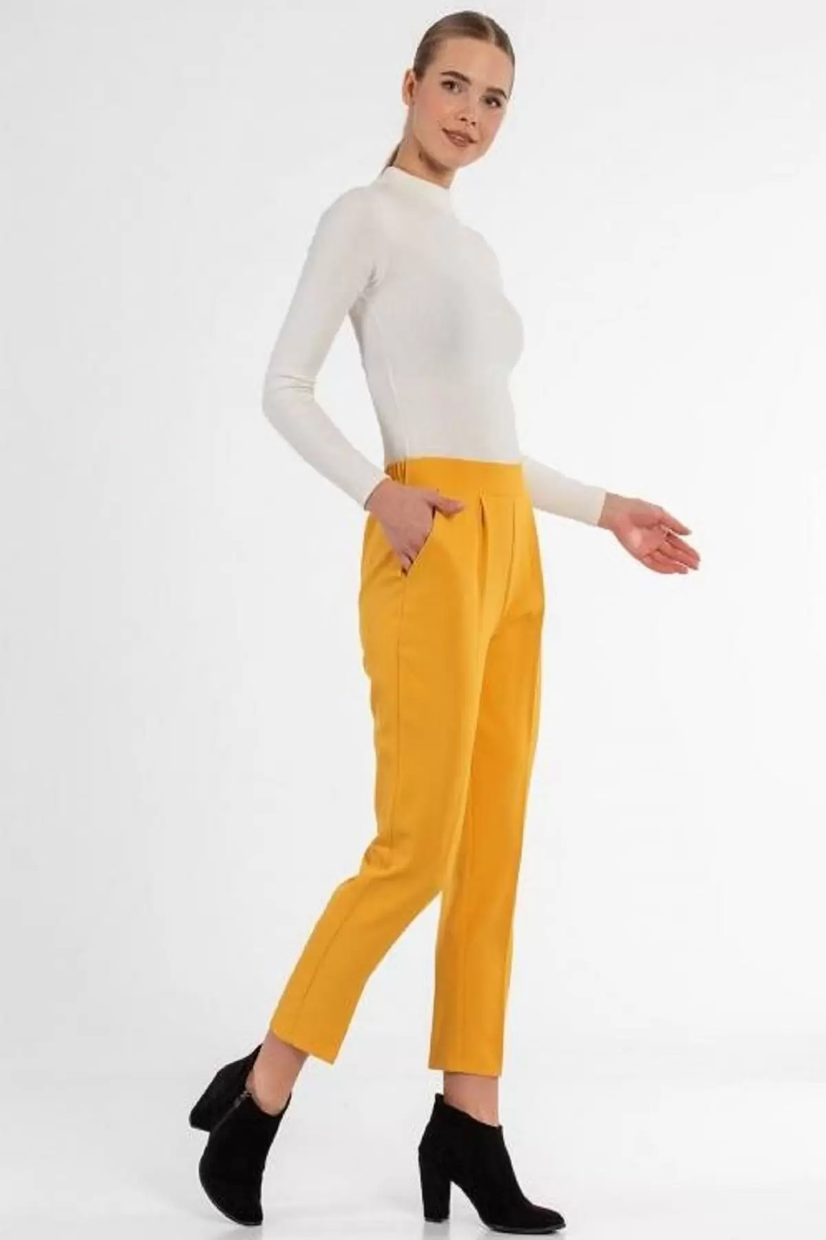 Belden Lastikli Sarı Bilek Kadın Pantolon
