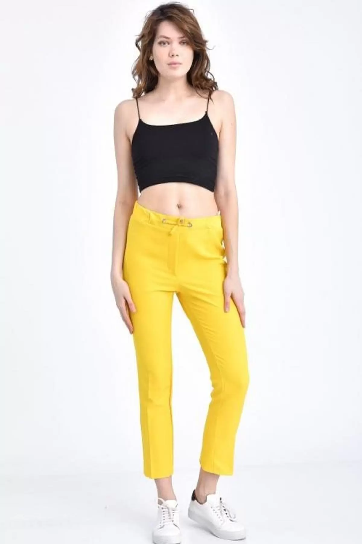 Belden Lastikli ve Bağcıklı Sarı Bilek Kadın Pantolon