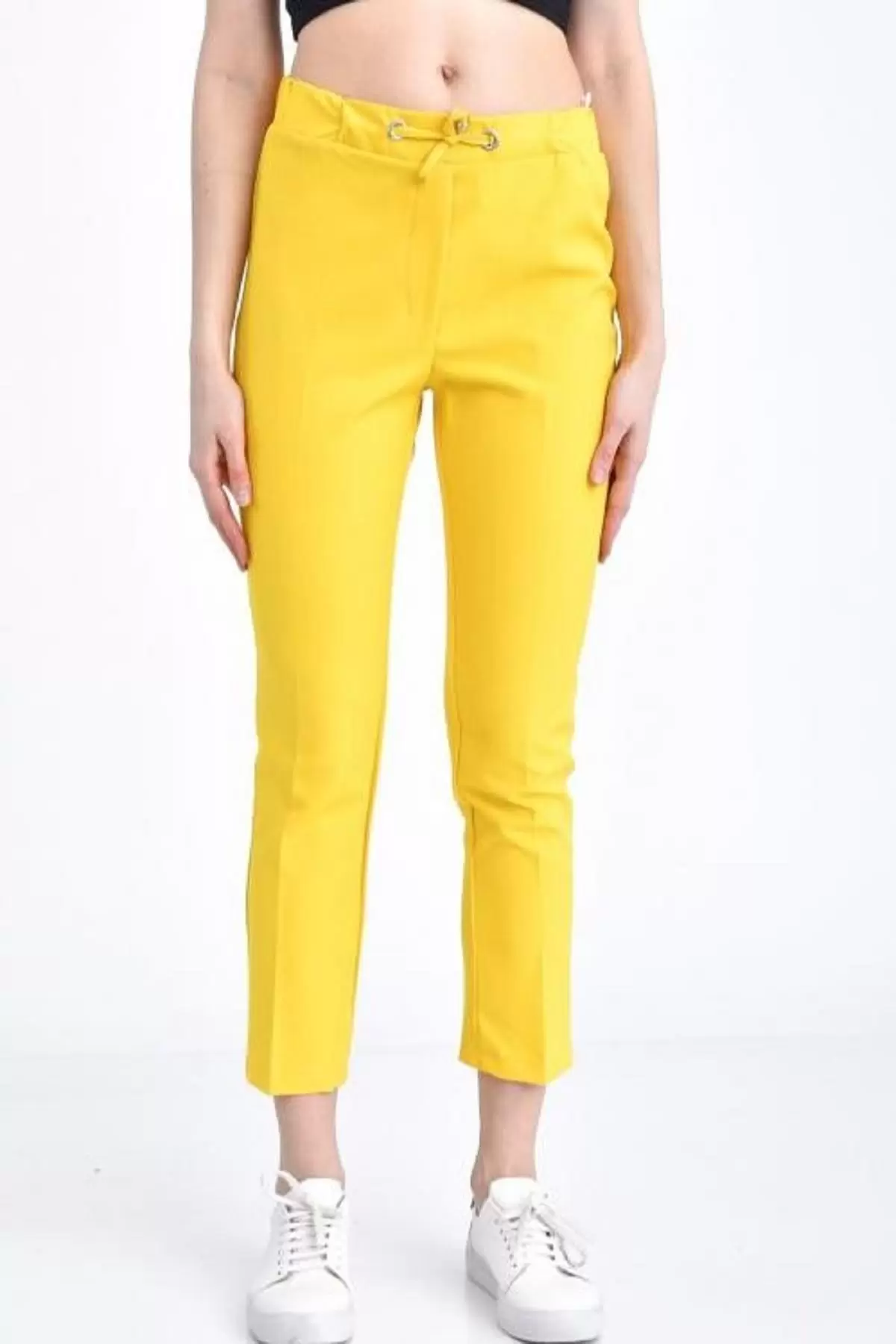 Belden Lastikli ve Bağcıklı Sarı Bilek Kadın Pantolon
