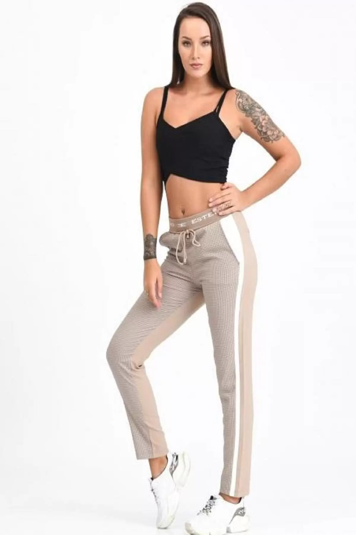 Belden Lastikli ve Bağcıklı Şeritli Ekose Bej Kadın Pantolon