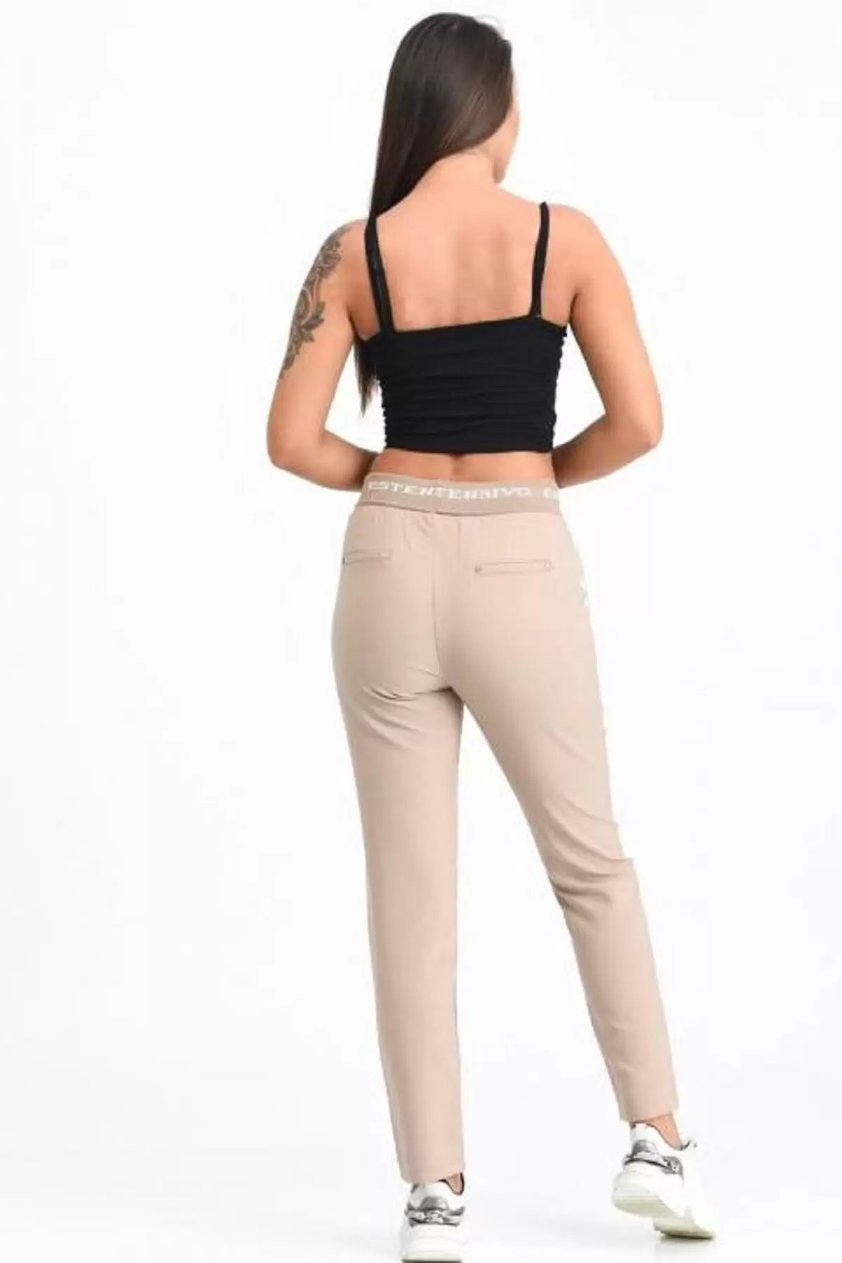 Belden Lastikli ve Bağcıklı Şeritli Ekose Bej Kadın Pantolon