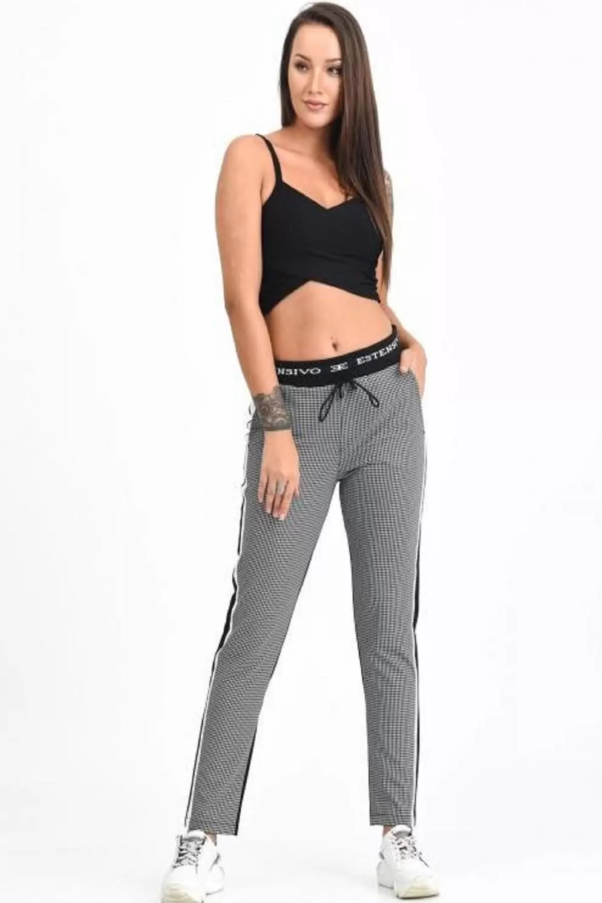 Belden Lastikli ve Bağcıklı Şeritli Ekose Siyah Kadın Pantolon