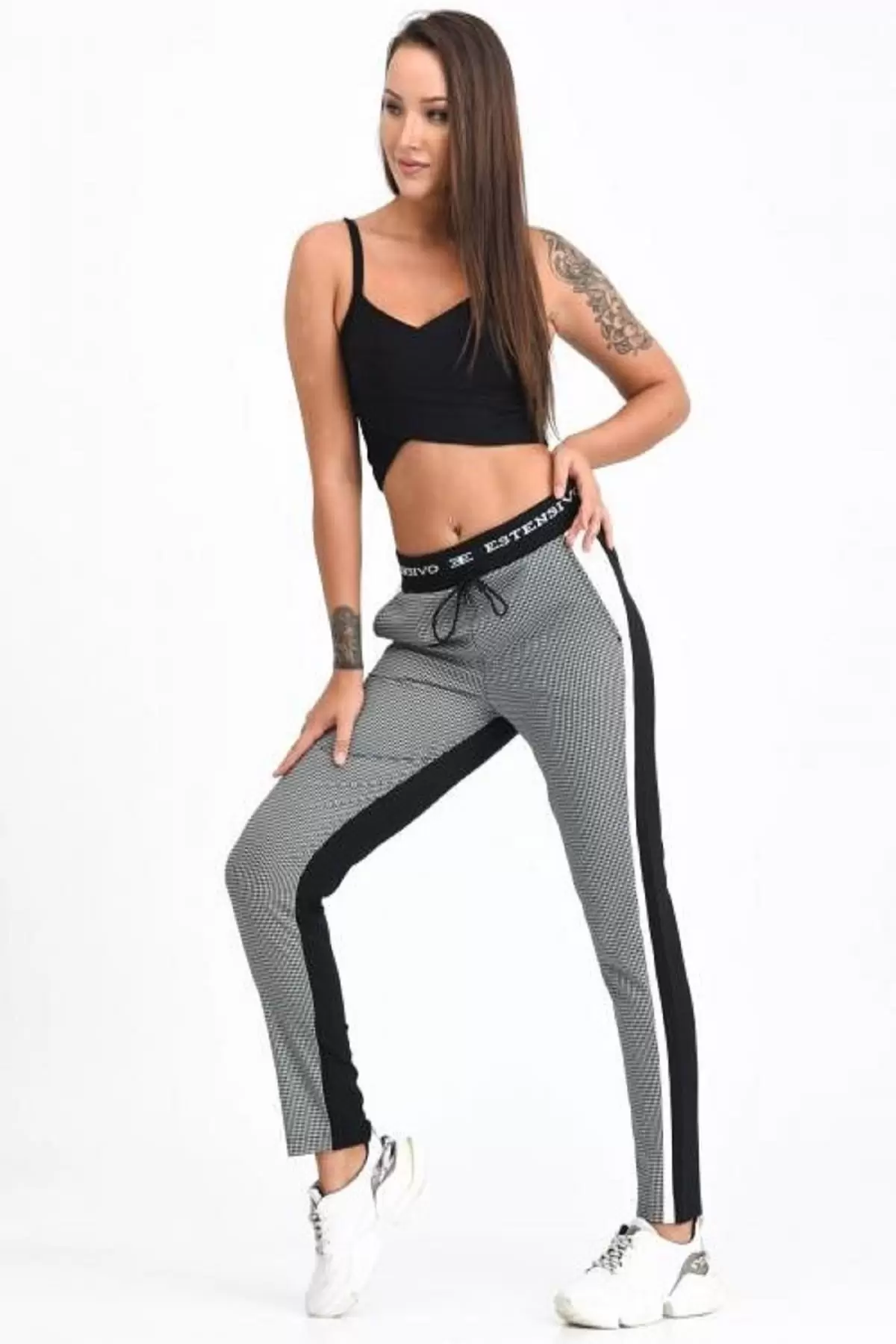 Belden Lastikli ve Bağcıklı Şeritli Ekose Siyah Kadın Pantolon