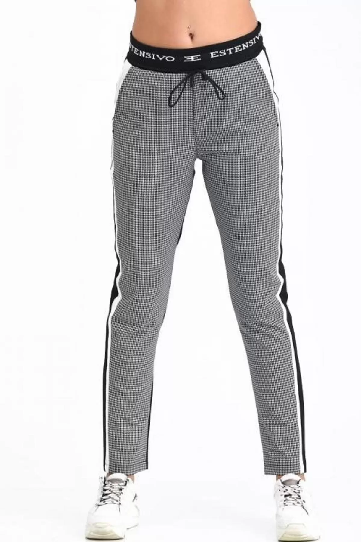 Belden Lastikli ve Bağcıklı Şeritli Ekose Siyah Kadın Pantolon