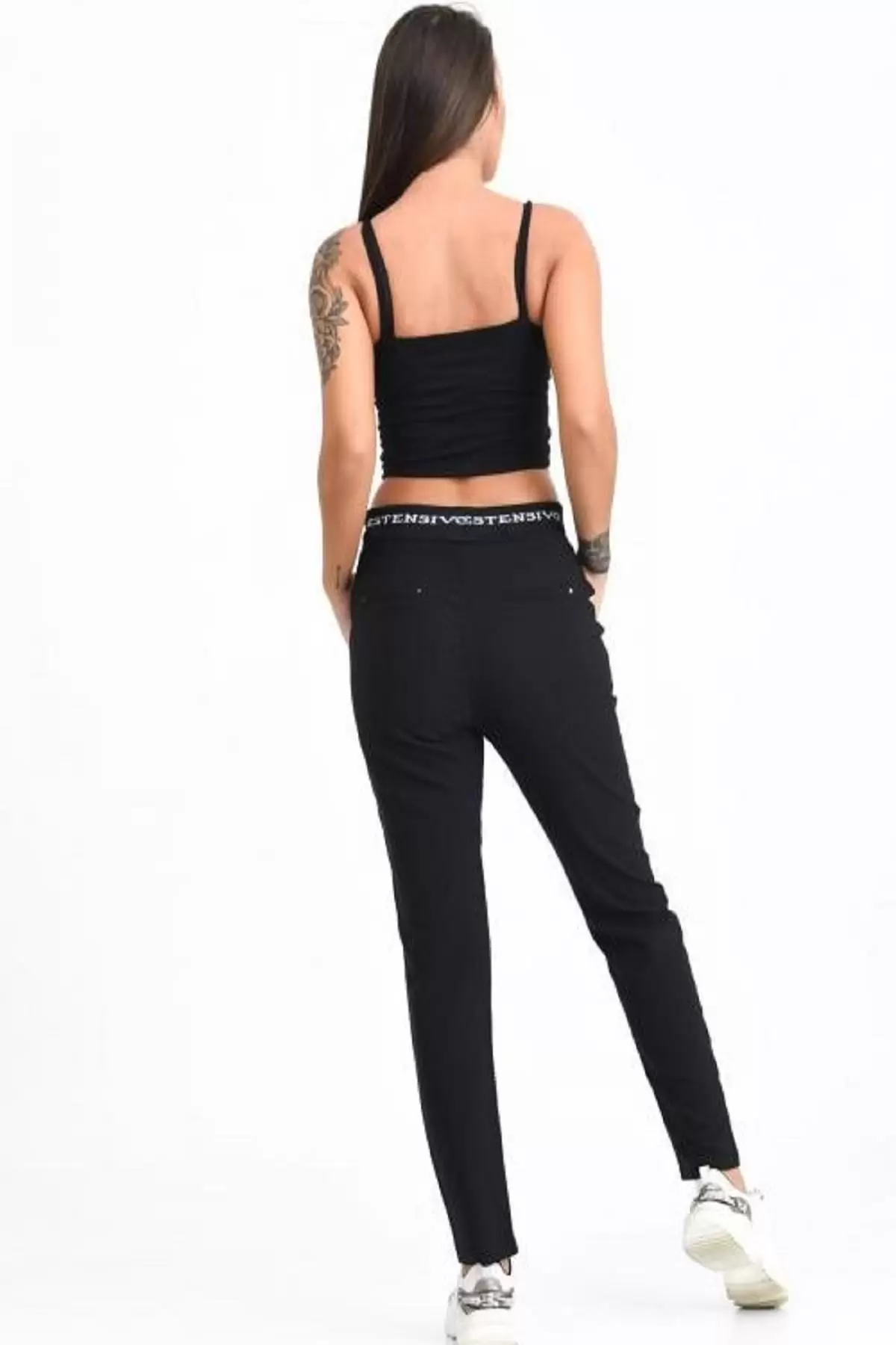 Belden Lastikli ve Bağcıklı Şeritli Ekose Siyah Kadın Pantolon