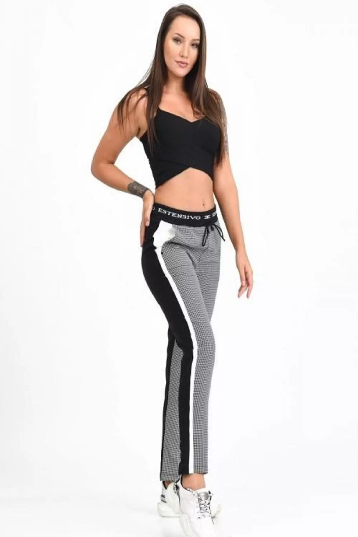 Belden Lastikli ve Bağcıklı Şeritli Ekose Siyah Kadın Pantolon