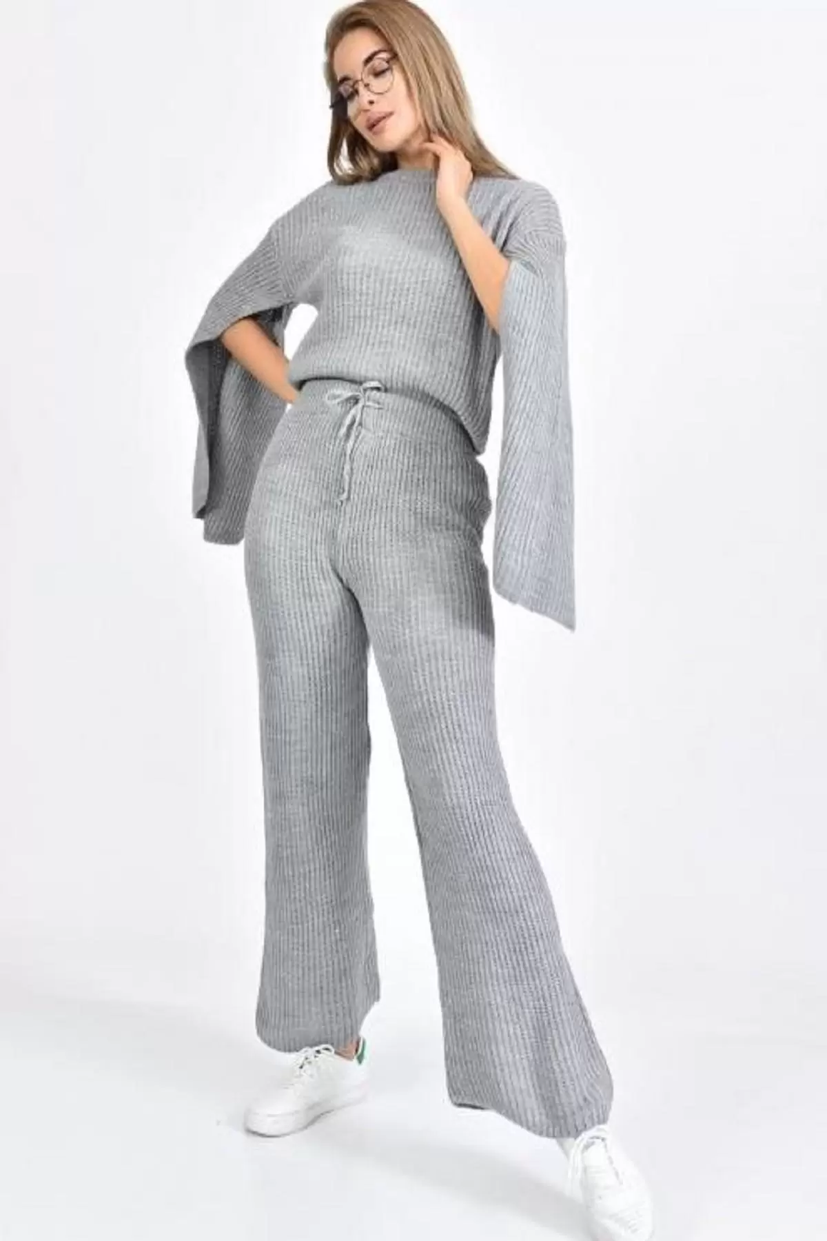 Bisiklet Yaka Asimetrik Kollu Gri Triko Kadın Elbise