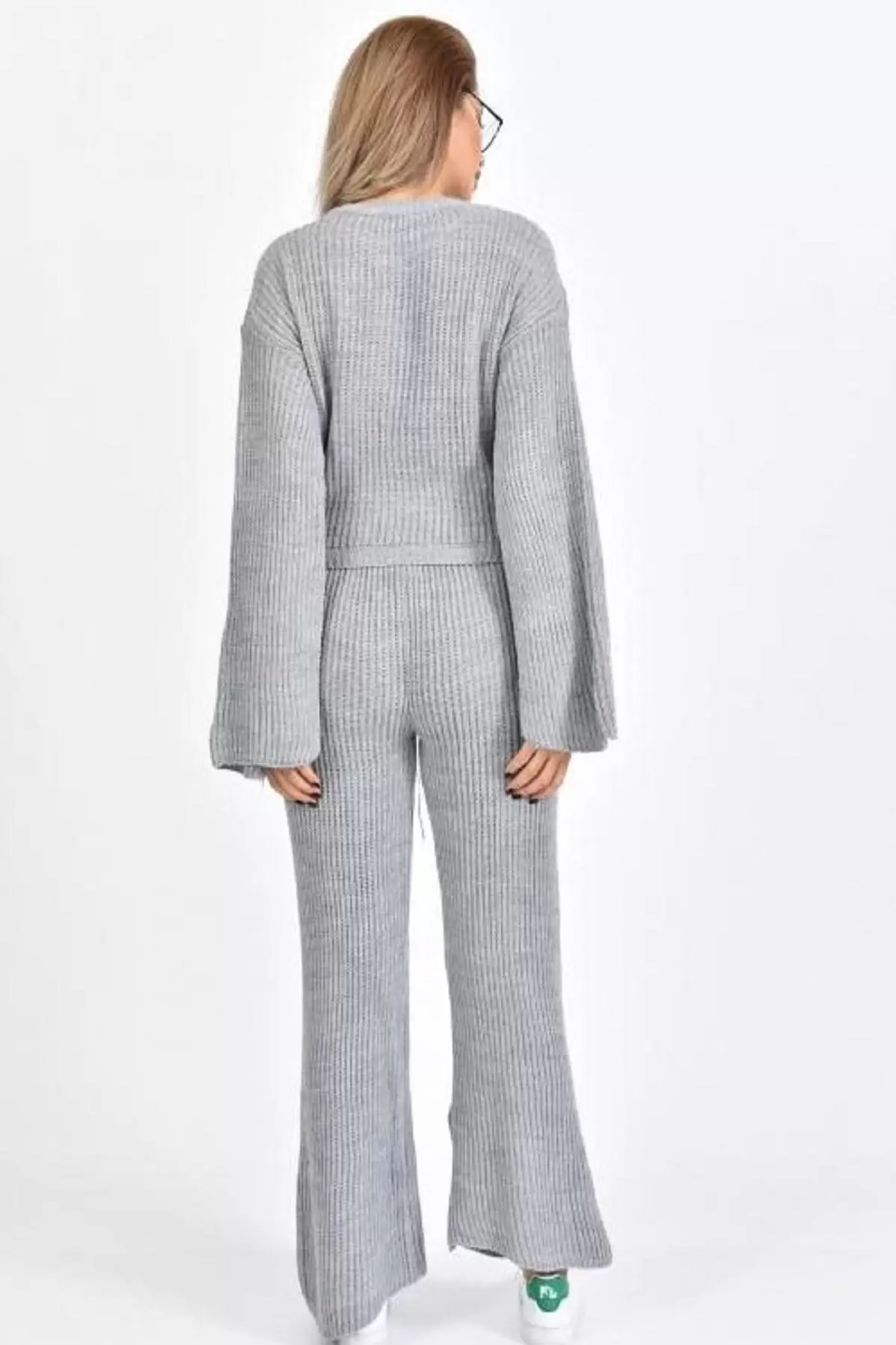 Bisiklet Yaka Asimetrik Kollu Gri Triko Kadın Elbise