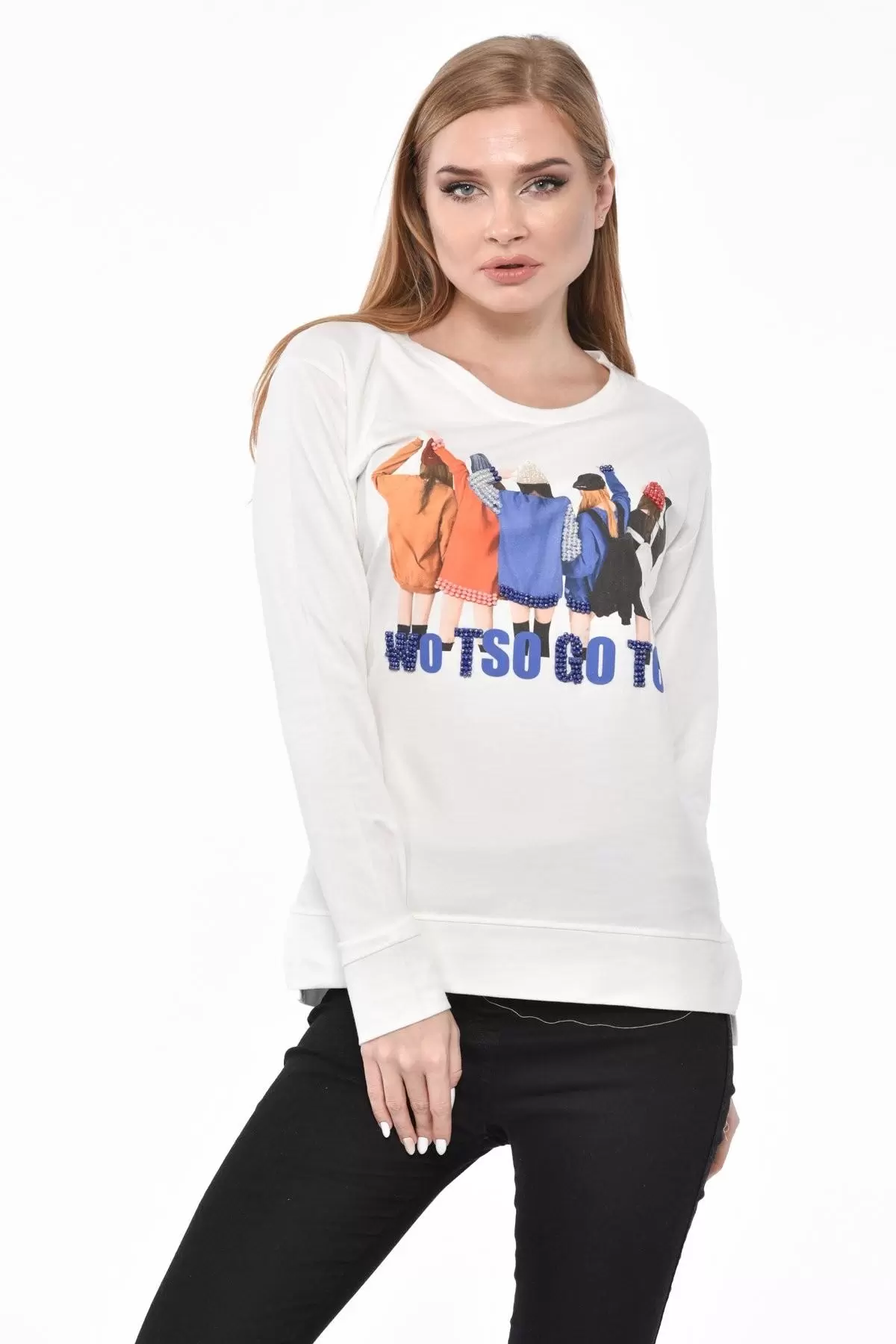 Bisiklet Yaka Beş Bayan Baskılı Taş ve Pullu Beyaz Kadın Tişört