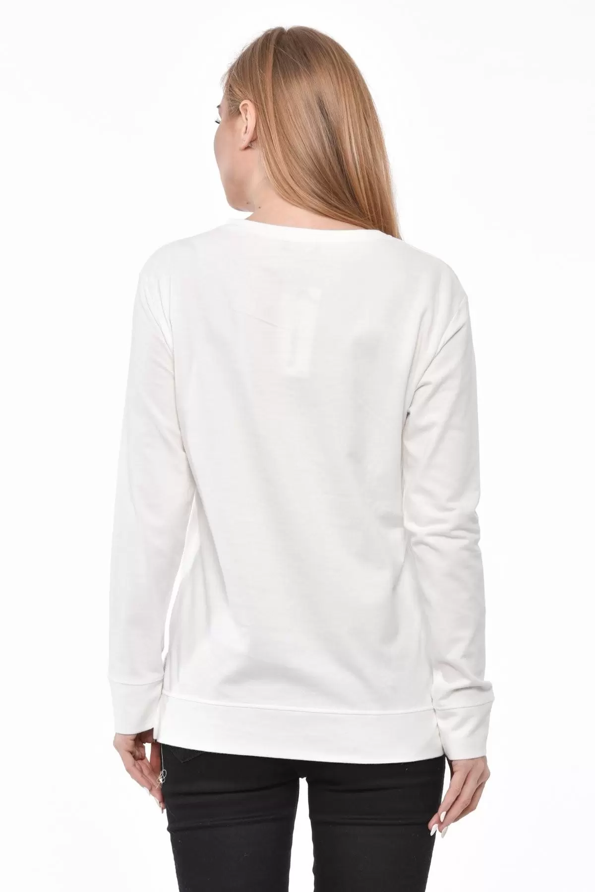 Bisiklet Yaka Beş Bayan Baskılı Taş ve Pullu Beyaz Kadın Tişört