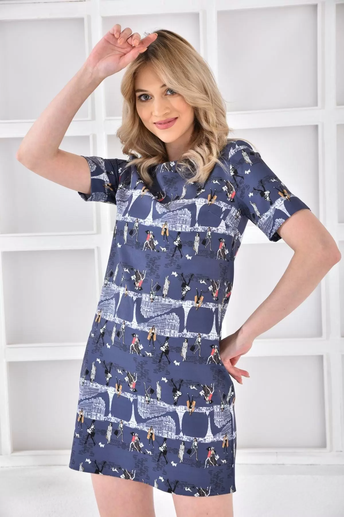 Bisiklet Yaka Figür Baskılı Kısa Kollu Füme Kadın Elbise