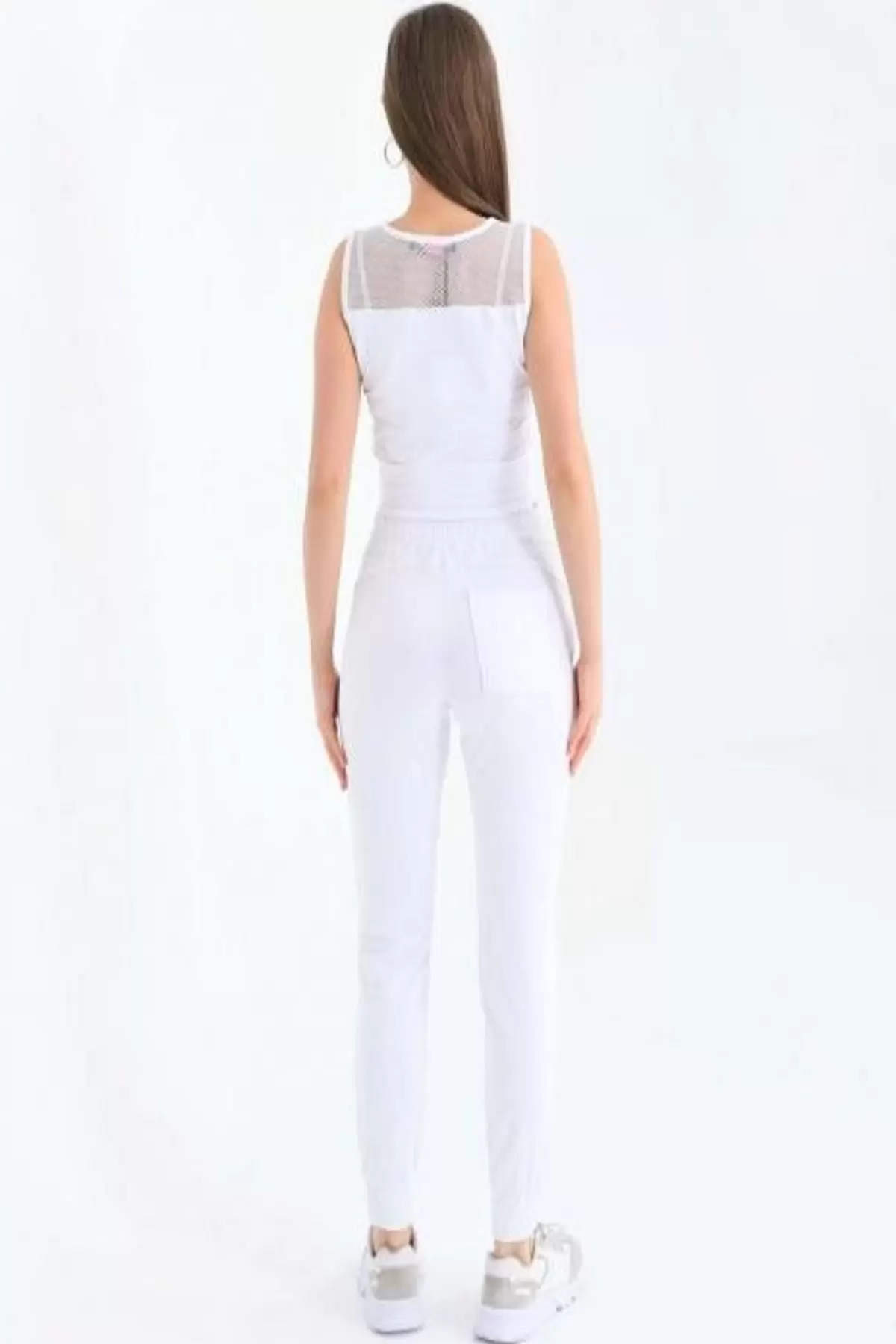 Bisiklet Yaka File Detaylı Kolsuz Beyaz Kadın Eşofman