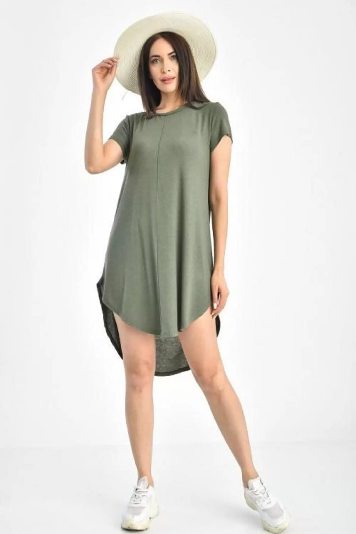 Bisiklet Yaka Kısa Kollu Haki Kadın Tunik