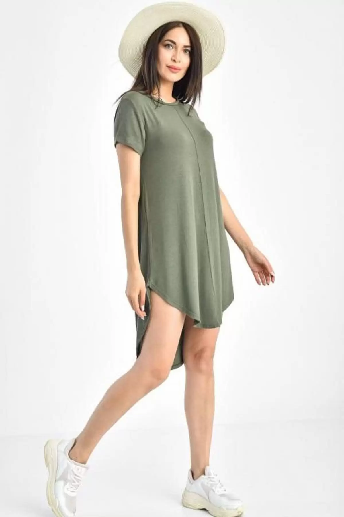 Bisiklet Yaka Kısa Kollu Haki Kadın Tunik