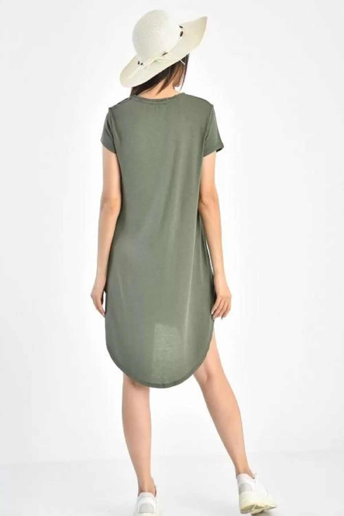 Bisiklet Yaka Kısa Kollu Haki Kadın Tunik