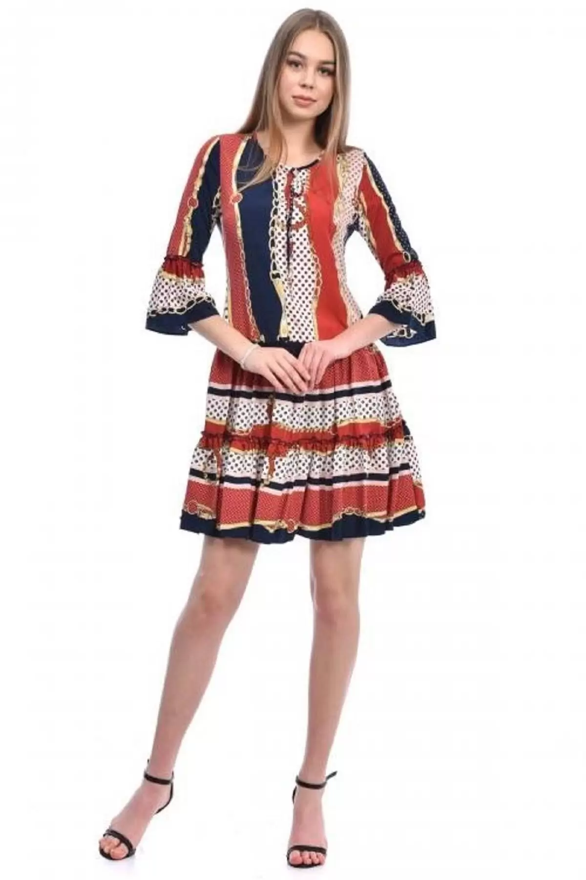 Bisiklet Yaka Kolu Volanlı Pileli Bordo Kadın Elbise