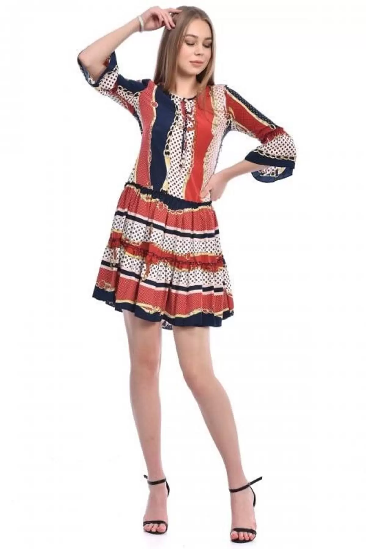 Bisiklet Yaka Kolu Volanlı Pileli Bordo Kadın Elbise