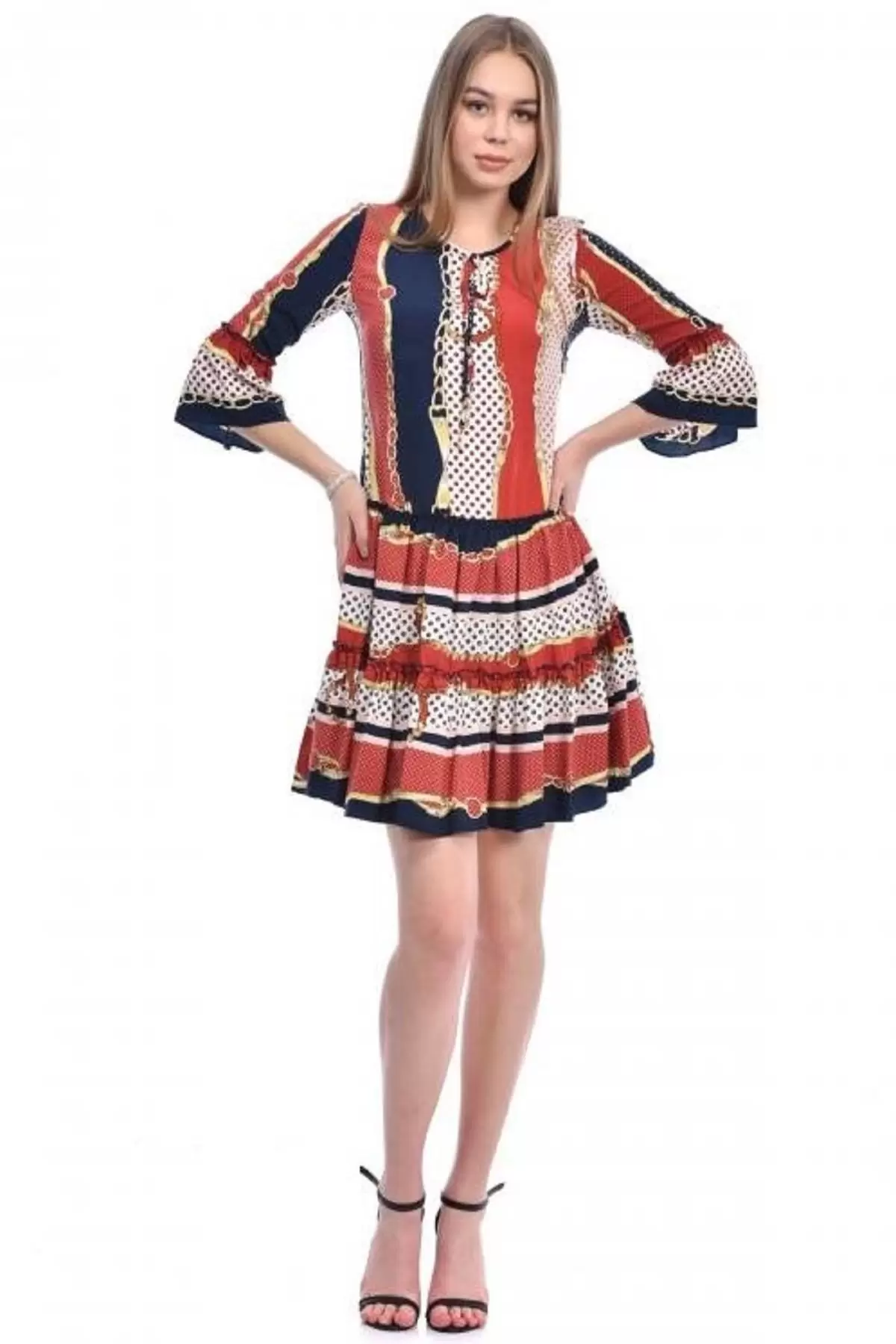 Bisiklet Yaka Kolu Volanlı Pileli Bordo Kadın Elbise